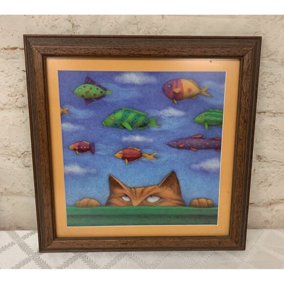Cathy Gendron Whimsical Dog Cat Fish Framed Art 15" x 15" - Picture 4 of 7